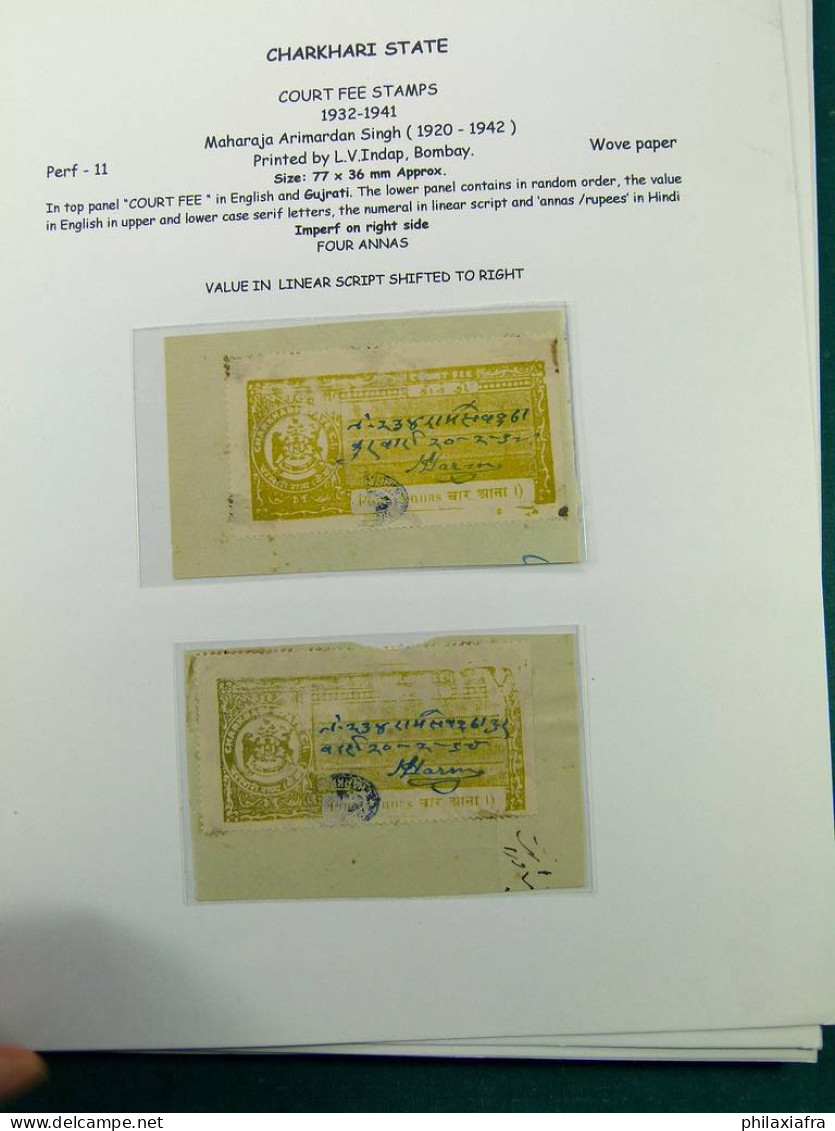 Collection Inde, État de Charkhari, sur pages d'album, timbres fiscaux, 1909-39