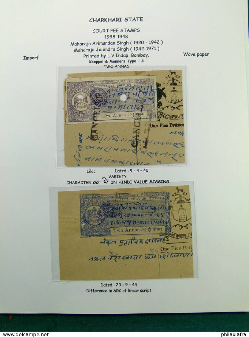 Collection Inde, État de Charkhari, sur pages d'album, timbres fiscaux, 1909-39