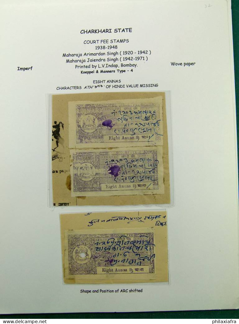 Collection Inde, État de Charkhari, sur pages d'album, timbres fiscaux, 1909-39