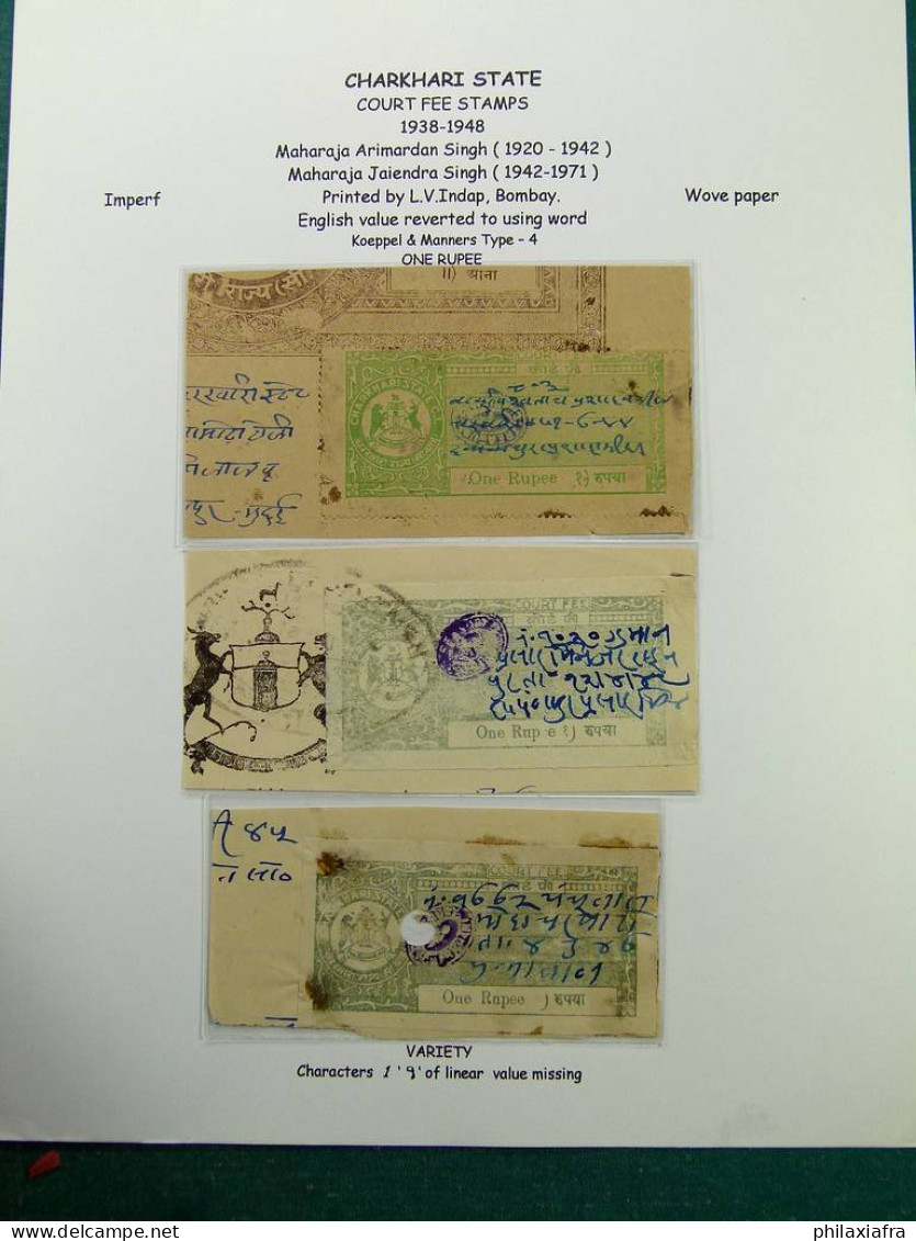 Collection Inde, État de Charkhari, sur pages d'album, timbres fiscaux, 1909-39