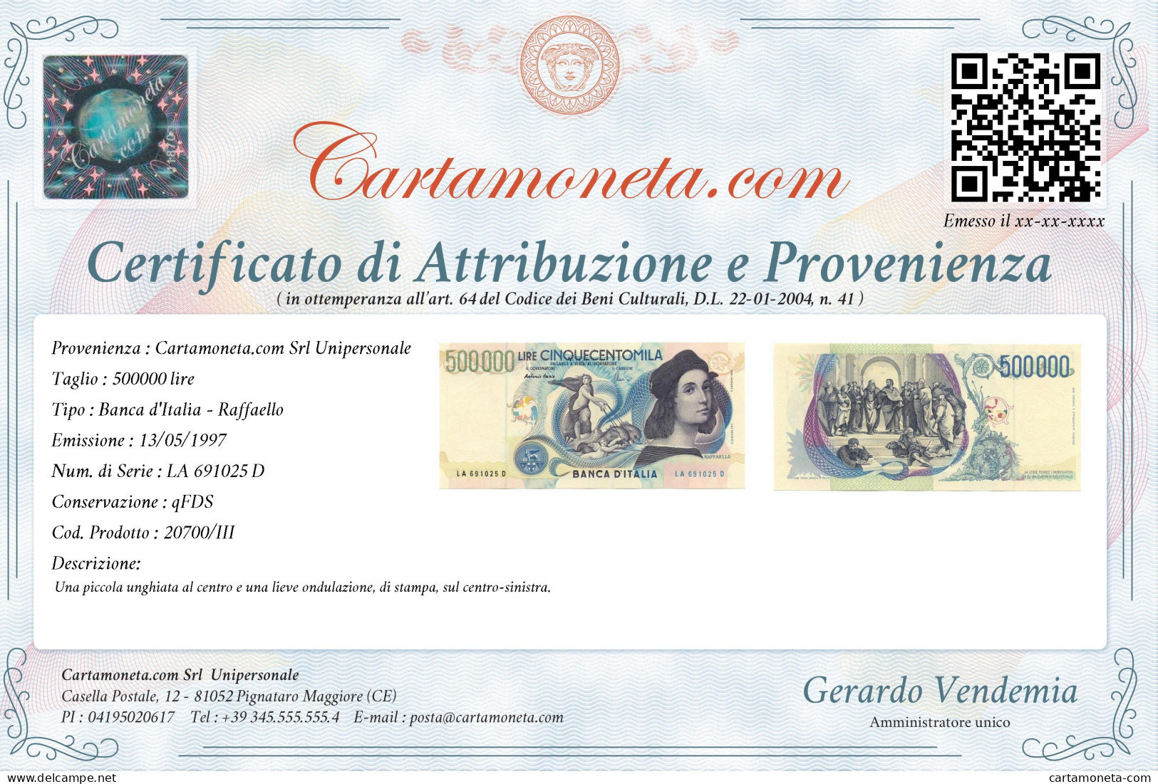 500000 LIRE BANCA D'ITALIA RAFFAELLO LETTERA A 13/05/1997 QFDS - Autres & Non Classés