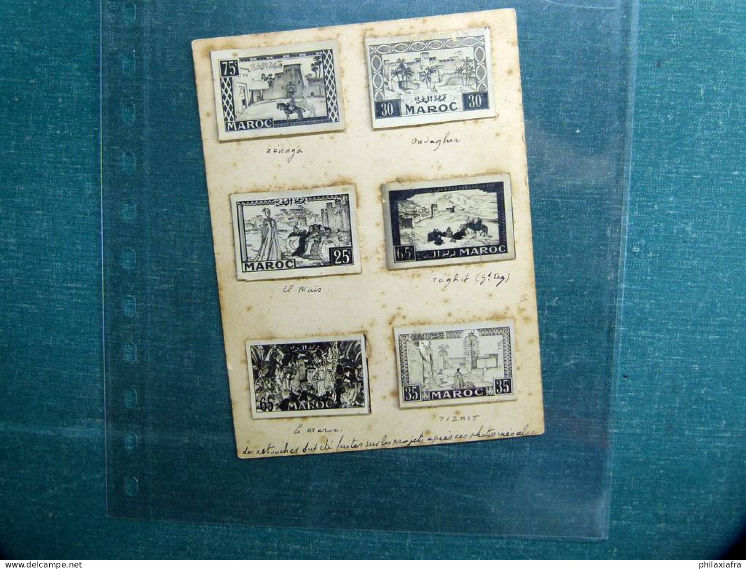 Maroc Carte Postale De 1938, Avec 6 Essais Photographiques De Timbres, Rare. - Morocco (1956-...)