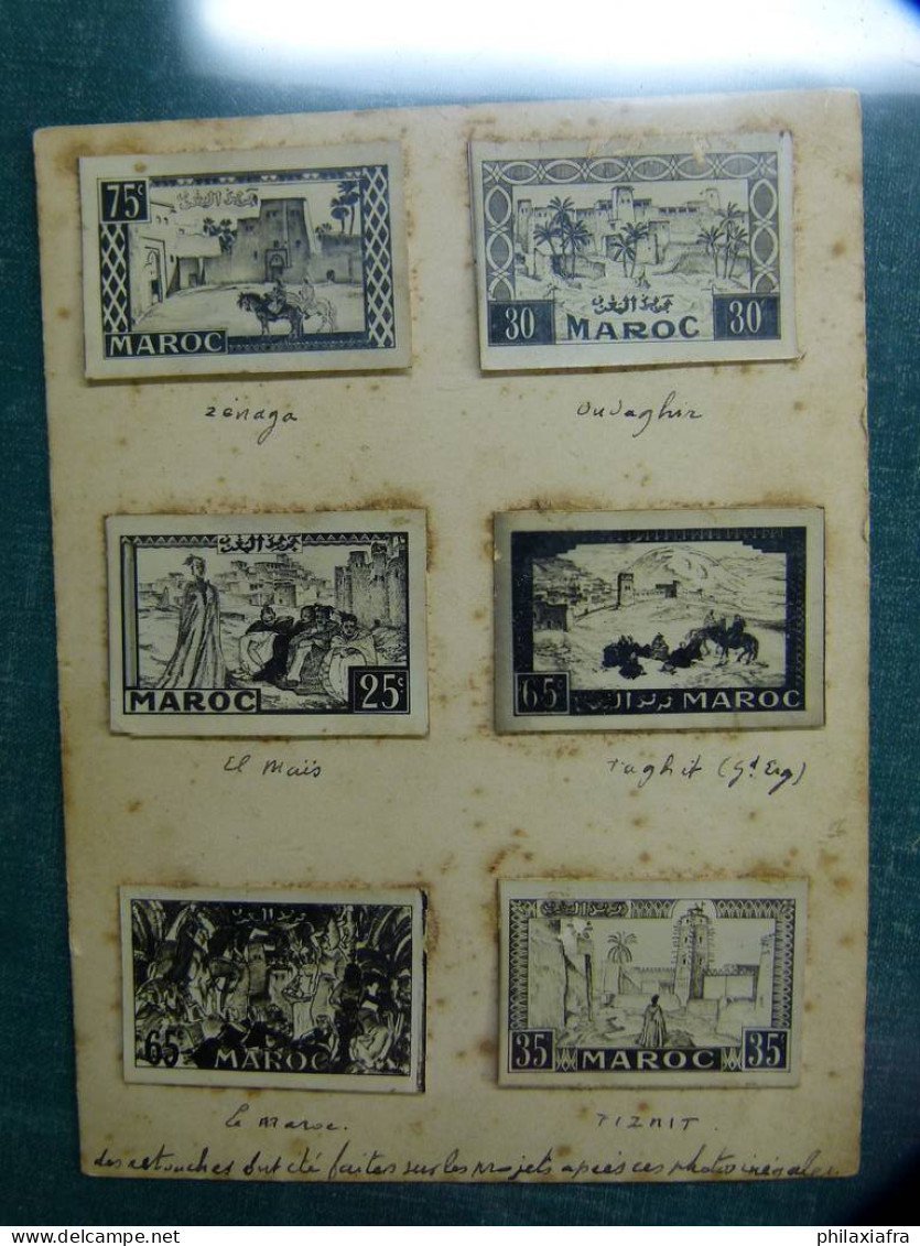 Maroc Carte Postale De 1938, Avec 6 Essais Photographiques De Timbres, Rare. - Morocco (1956-...)
