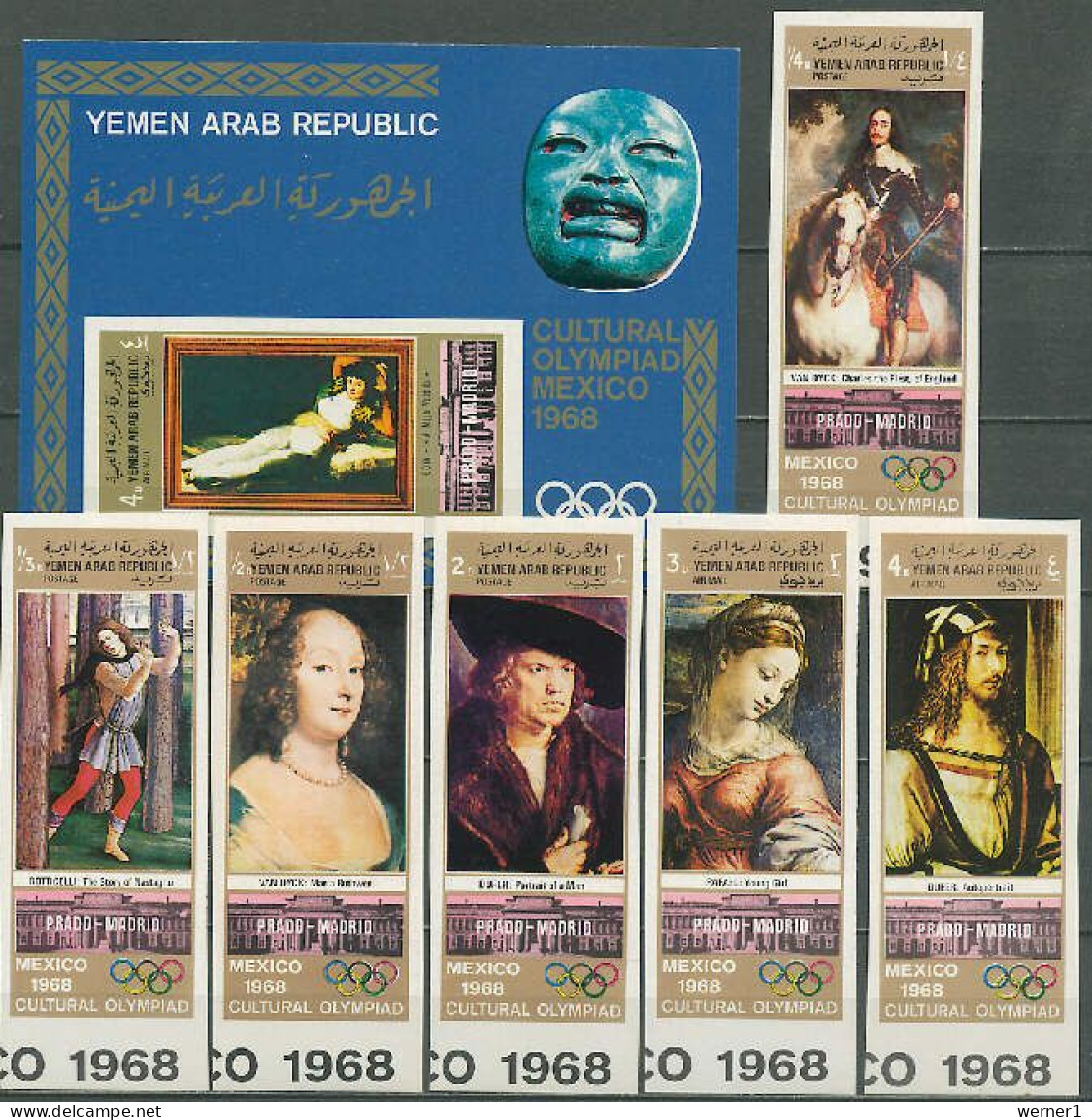 Yemen Arab Republic 1969 Olympic Games Mexico, Paintings Van Dyck, Dürer, Raffael Etc. Set Of 6 + S/s Imperf. MNH - Sommer 1968: Mexico