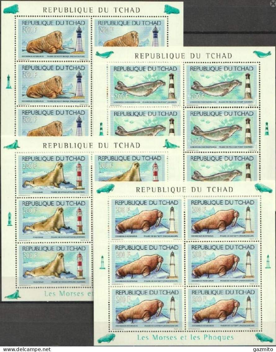 Tchad 2012, Seal, Walrus And Lighthouses, 4sheetlets - Vuurtorens