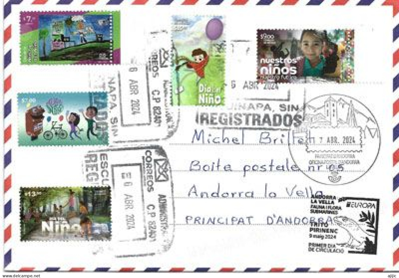 Día Del Niños.Belle Lettre 2024. 5 Timbres Differents "La Journée Des Enfants" à Andorra,avec Timbres à Date Arrivée - Mexico