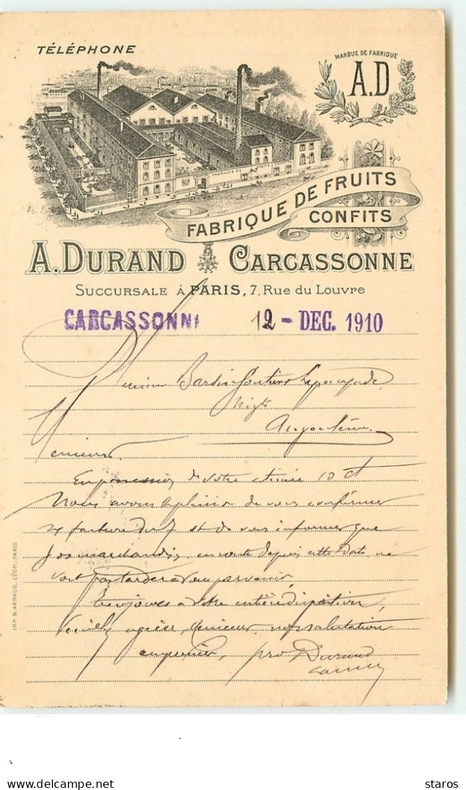 CARCASSONNE - Fabrique De Fruits Confits - A. Durand - Carcassonne