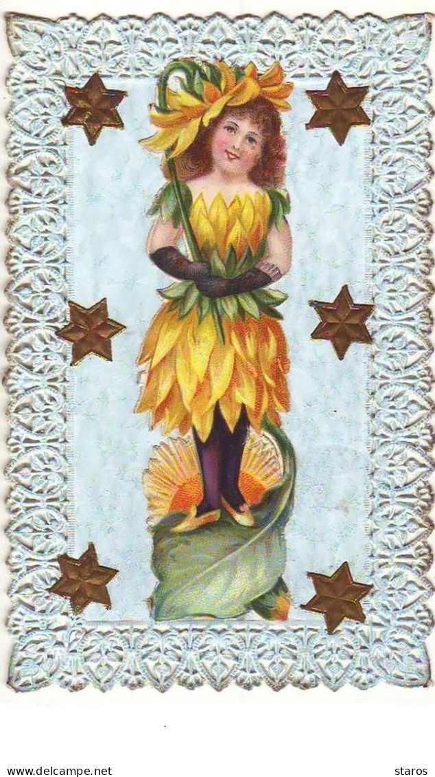 Carte En Relief , Chromo - Fillette Habillée Avec Une Robe En Fleur - Sonstige & Ohne Zuordnung