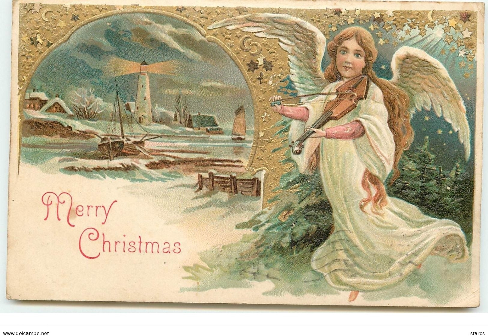 Carte Gaufrée - Merry Christmas - Ange Gardien Jouant Du Violon - Bateaux Et Phare - Other & Unclassified