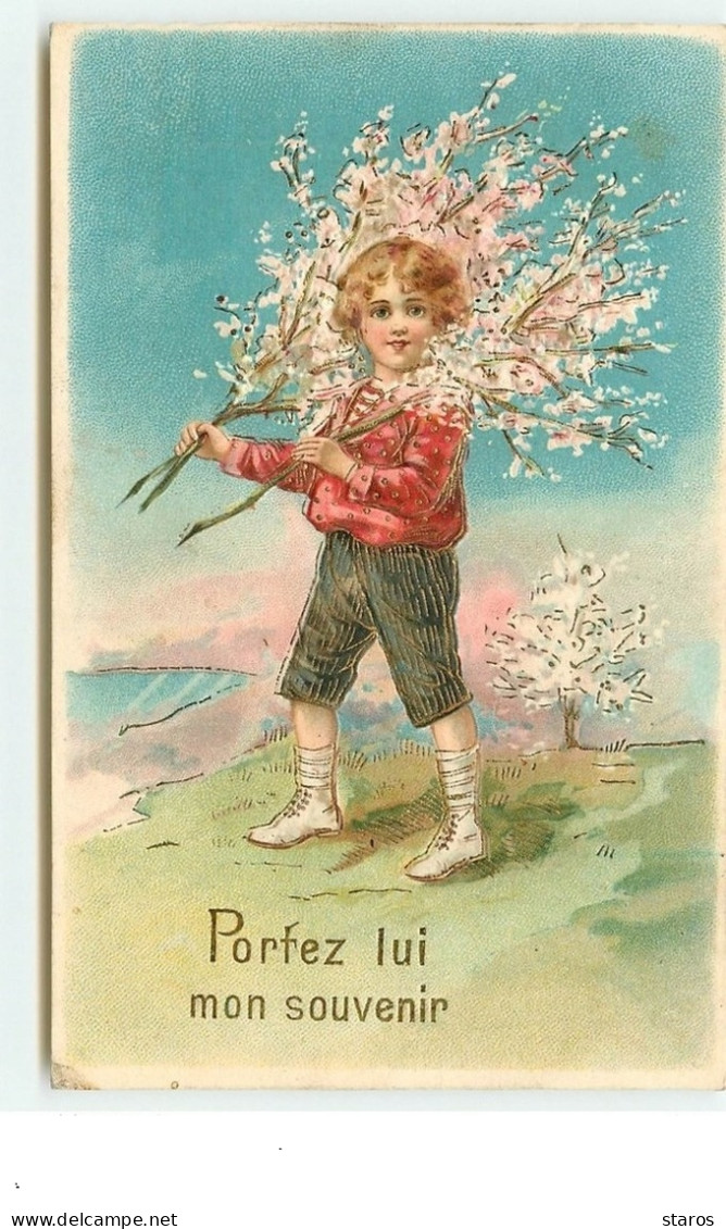 Carte Gaufrée - Portez Lui Mon Souvenir - Garçon Portant Des Branches D'arbre En Fleurs - Other & Unclassified