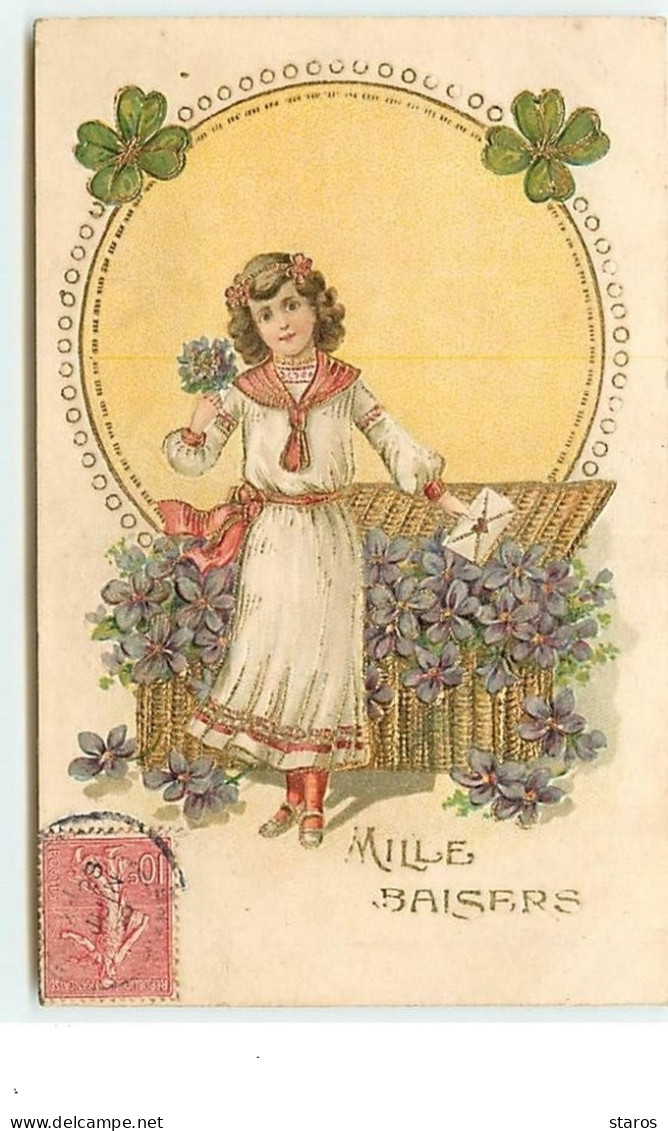 Carte Gaufrée - Mille Baisers - Jeune Fille Avec Des Fleurs - Andere & Zonder Classificatie