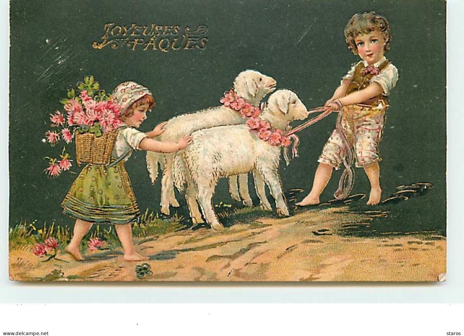 Carte Gaufrée - Joyeuses Pâques - Enfants Avec 2 Moutons - Ostern