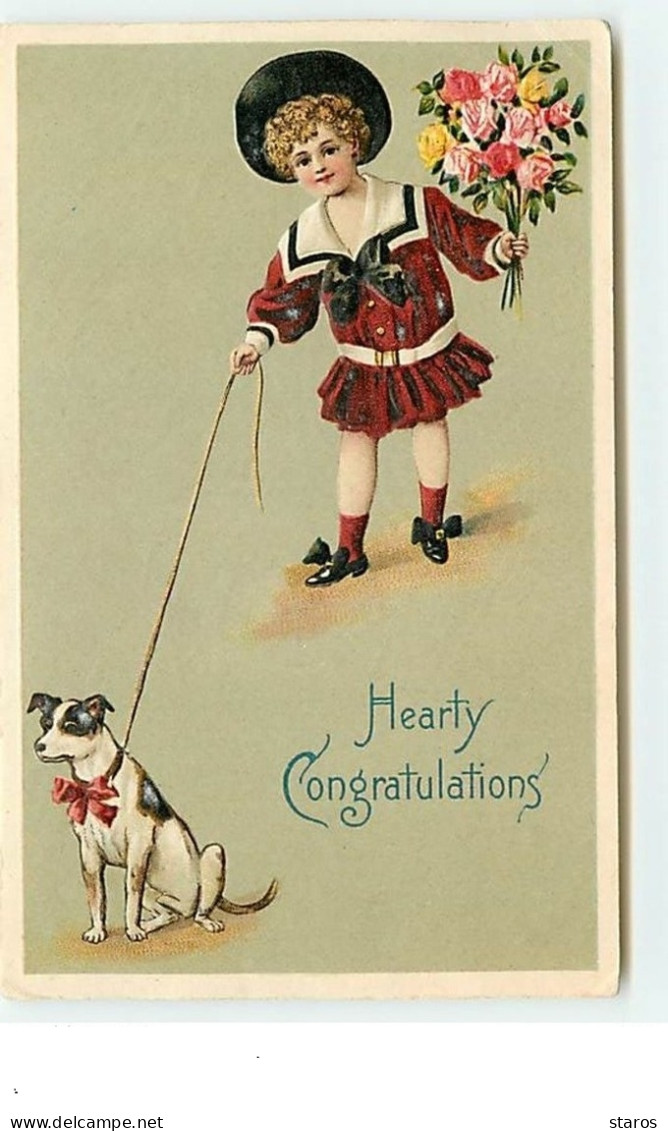 Carte Gaufrée - Hearty Congratulations - Fillette Tenant Un Chien En Laisse - Other & Unclassified