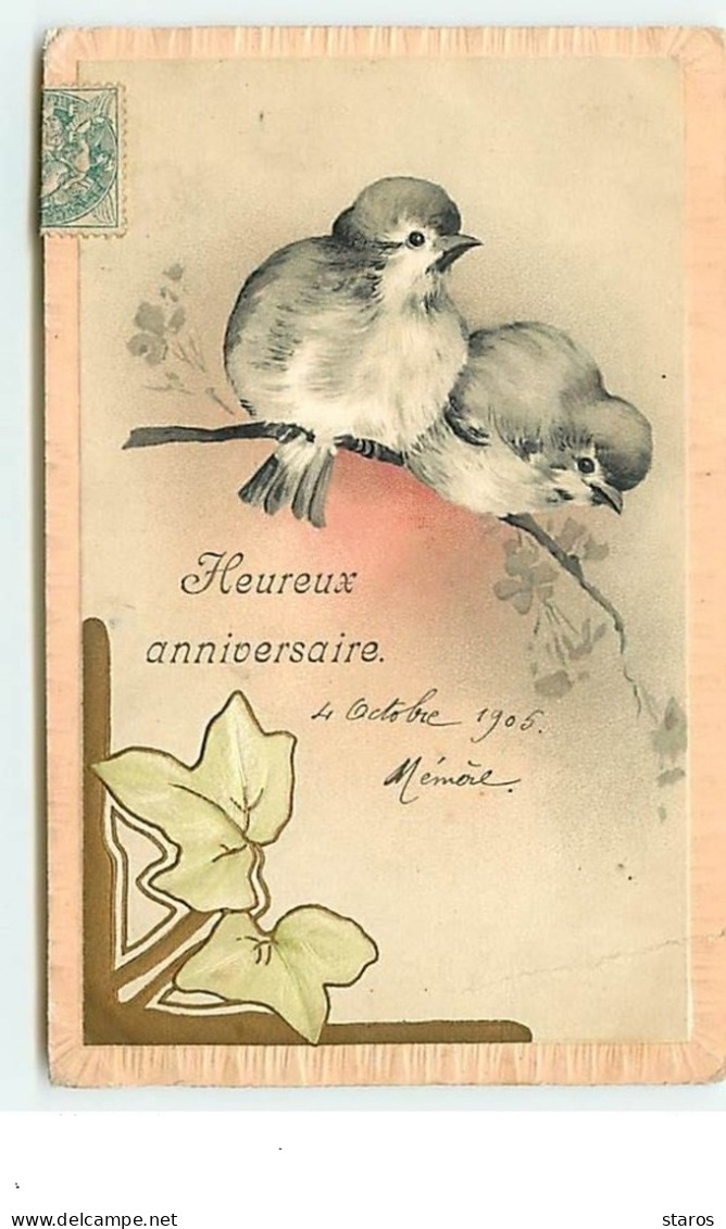 Carte Gaufrée - Heureux Anniversaire  Deux Oiseaux Sur Une Branche - Geburtstag