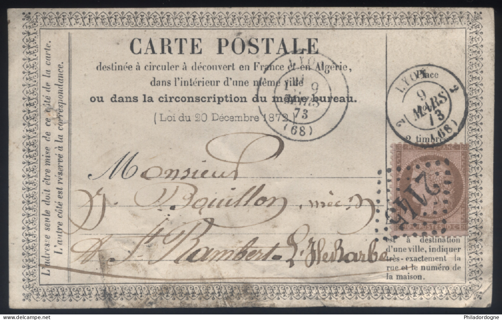 France - Yvert N° 54 Sur Carte Postale Obl. GC 2145 Lyon Pour St Rambert - 09/03/1873 - 1849-1876: Classic Period