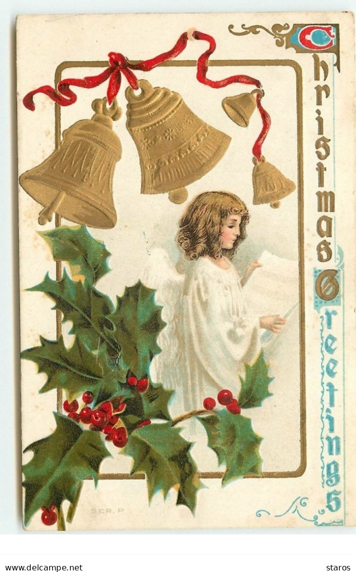 Carte Gaufrée - Christmas Greetings - Ange Lisant Sous Des Cloches - Other & Unclassified