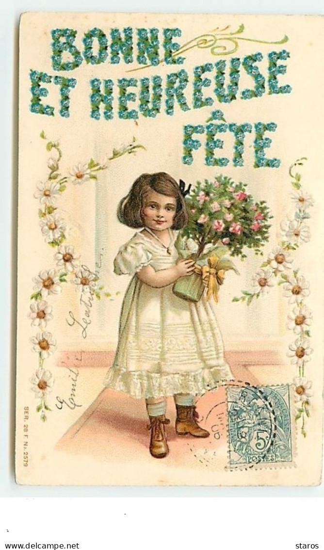 Carte Gaufrée - Bonne Et Heureuse Fête - Fillette Tenant Un Arbuste Fleuri - Sonstige & Ohne Zuordnung