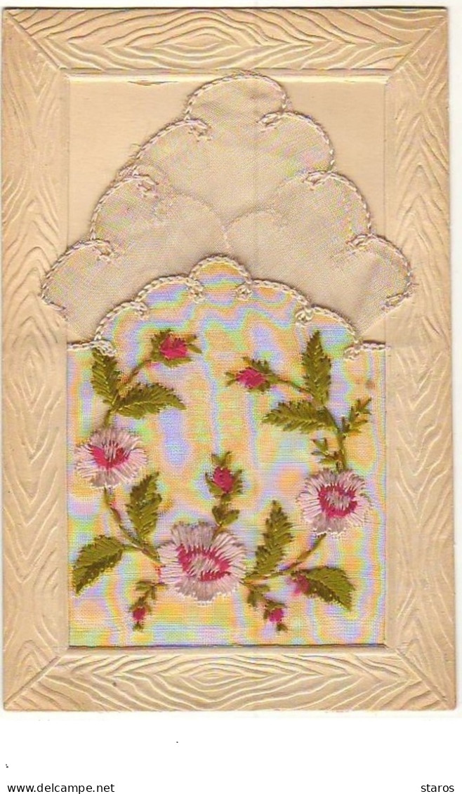 Carte Brodée Avec Pochette - Fleurs Roses - Embroidered