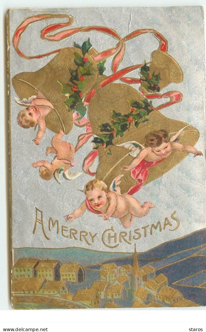 Carte Gaufrée - A Merry Christmas - Anges Apportant Des Cloches - Other & Unclassified