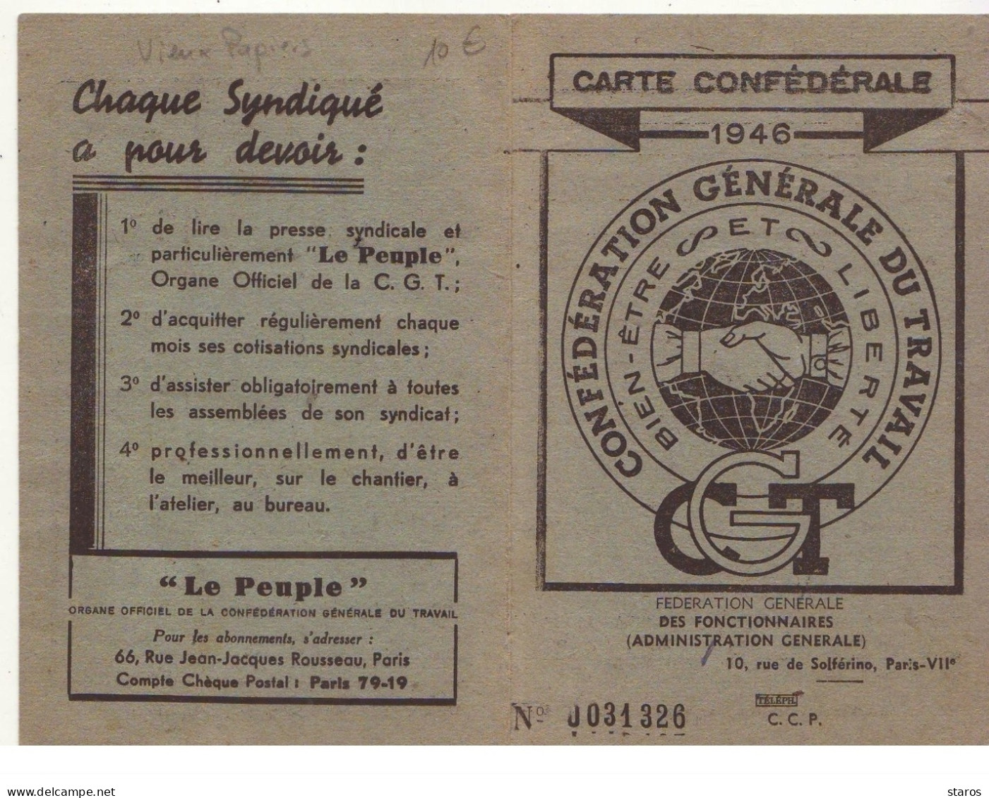 Carte Confédérale 1946 - Confédération Générale Du Travail - Fédération Générale Des Fonctionnaires - Autres & Non Classés