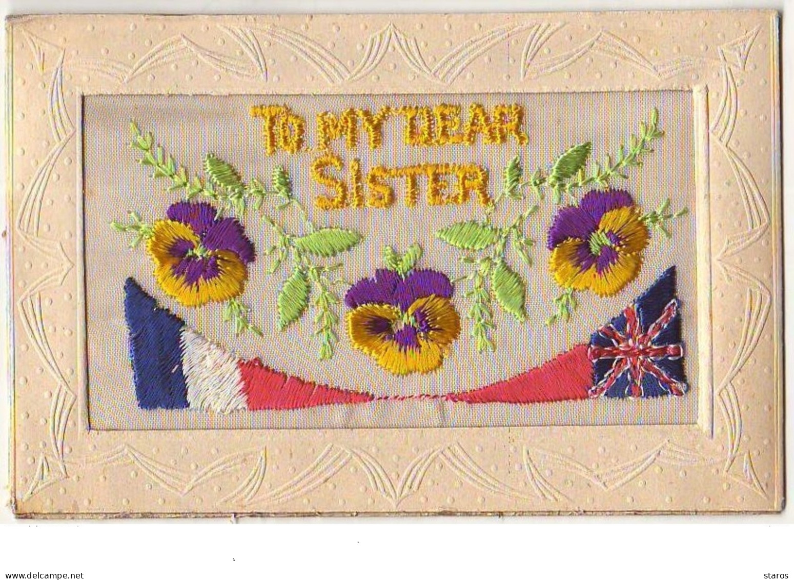 Carte Brodée - To My Dear Sister - Drapeaux - Pensées - Embroidered