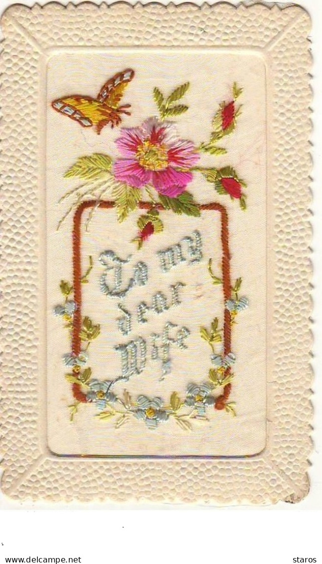 Carte Brodée - To My Dear Wife - Papillon Et Fleurs - Embroidered