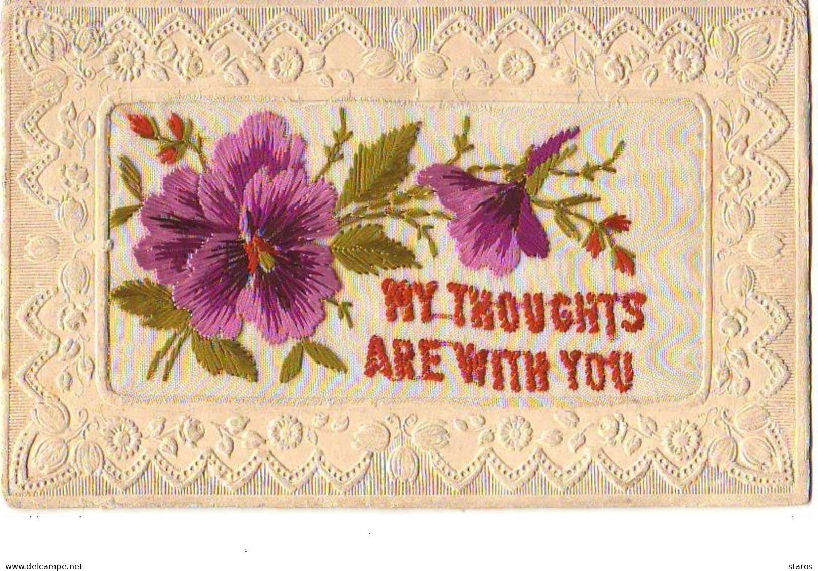 Carte Brodée - My Thoughts Are With You - Pensées - Brodées