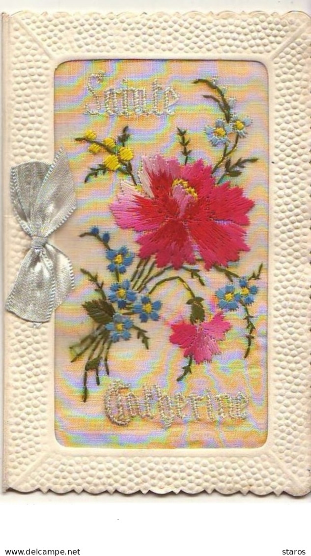 Carte Brodée - Sainte Catherine - Fleurs - Embroidered