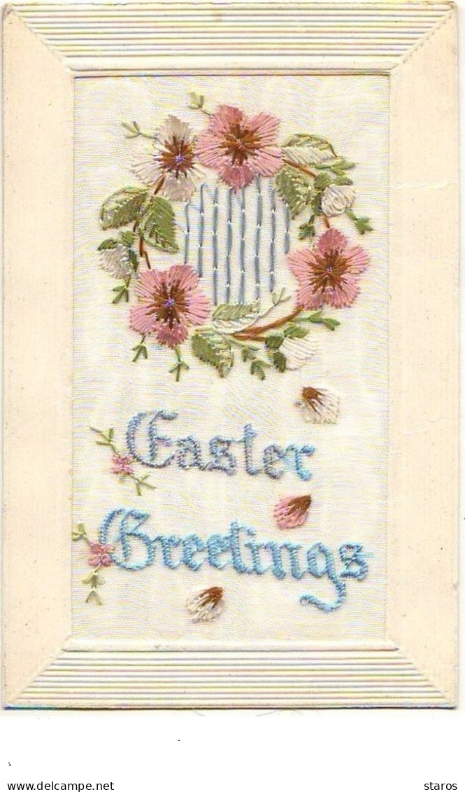 Carte Brodée - Easter Greetings - Fleurs - Embroidered