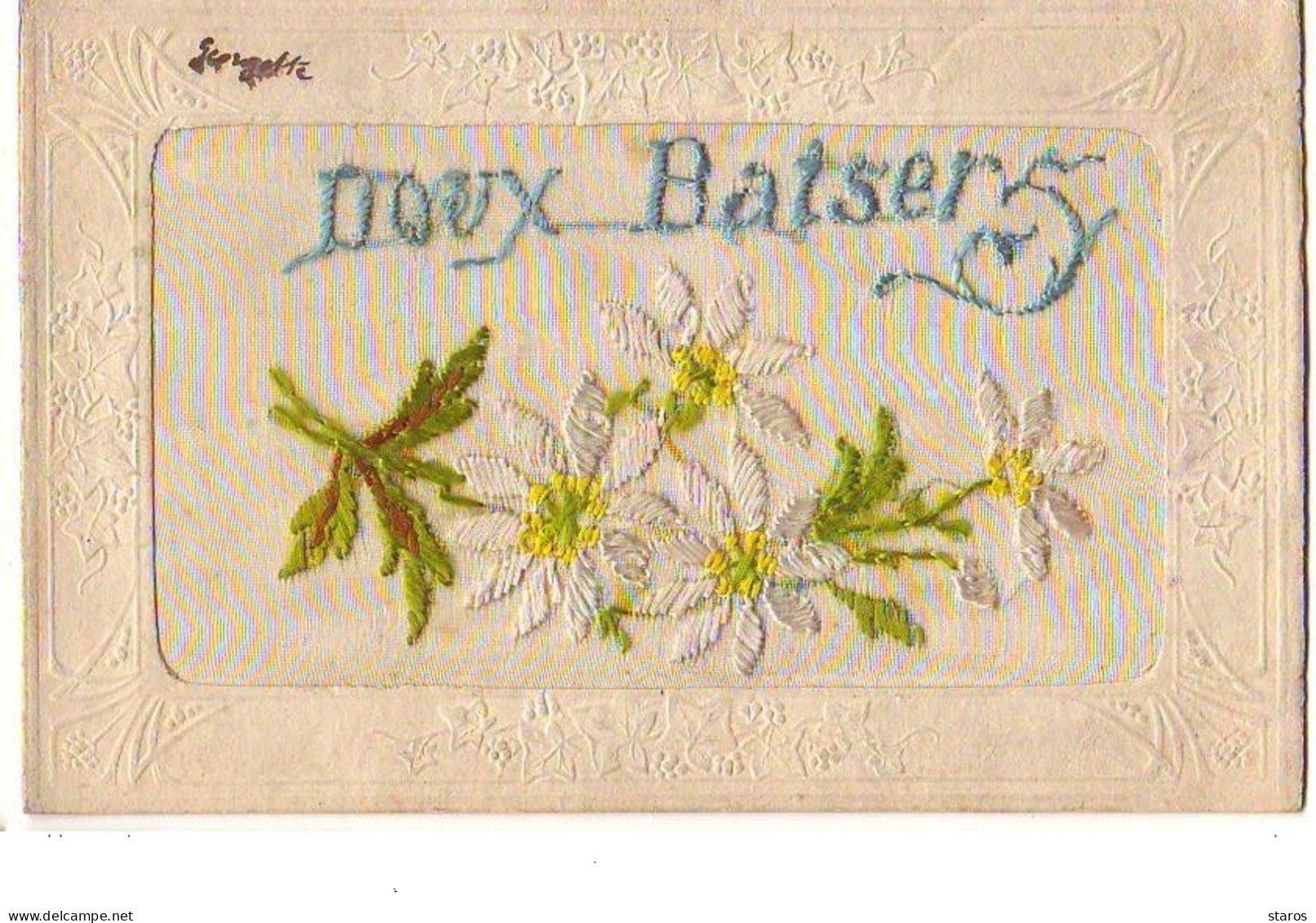 Carte Brodée - Doux Baisers - Fleurs - Embroidered