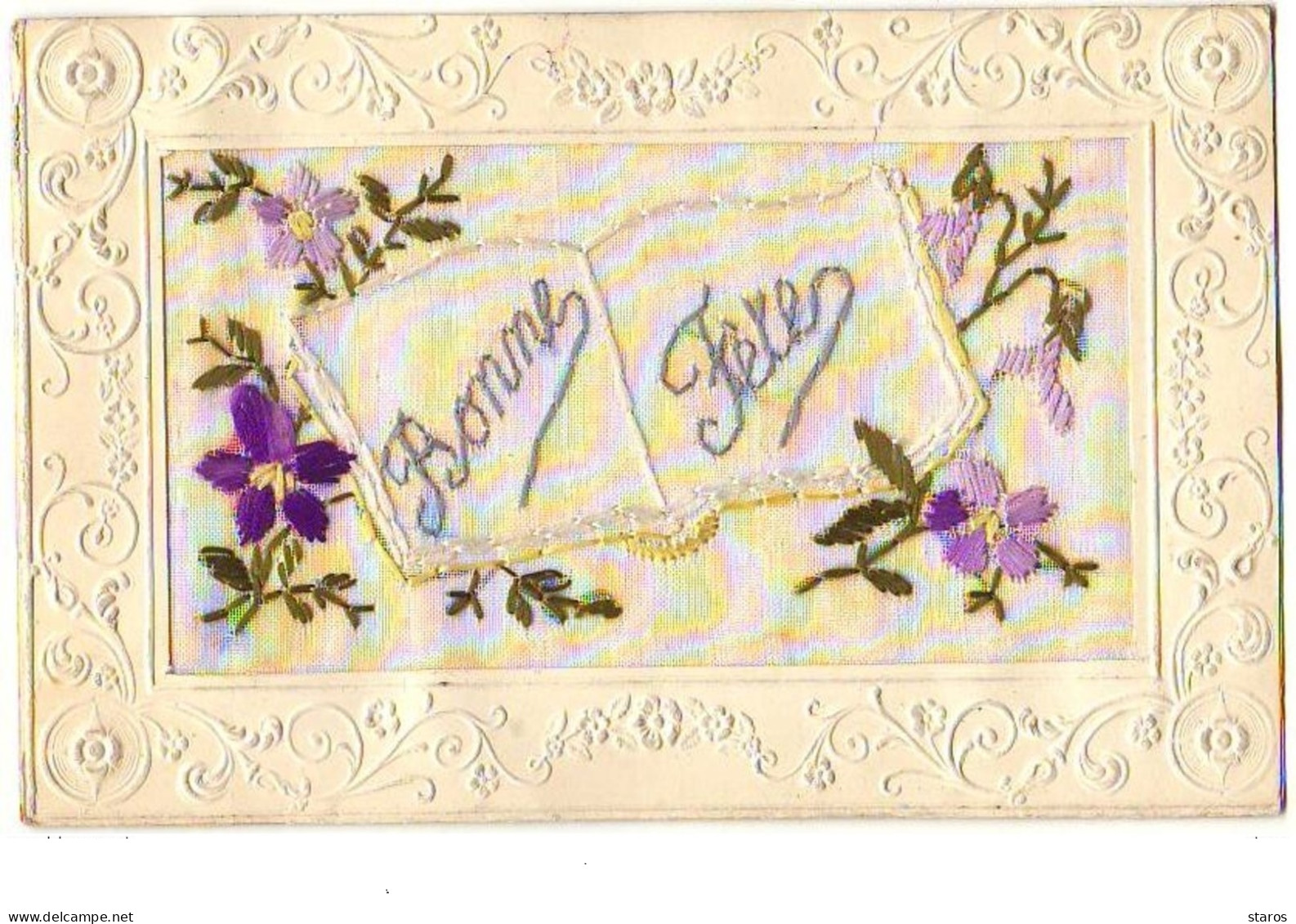 Carte Brodée - Bonne Fêtes - Livre Et Fleurs Violettes - Embroidered