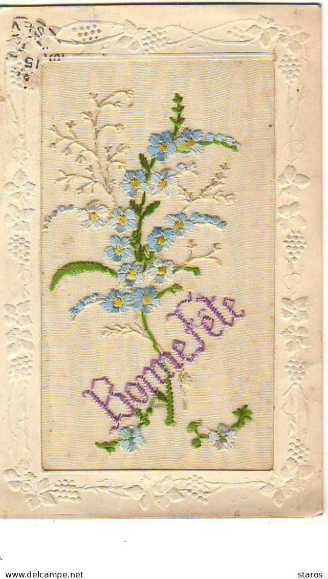 Carte Brodée - Bonne Fête - Myosotis - Embroidered