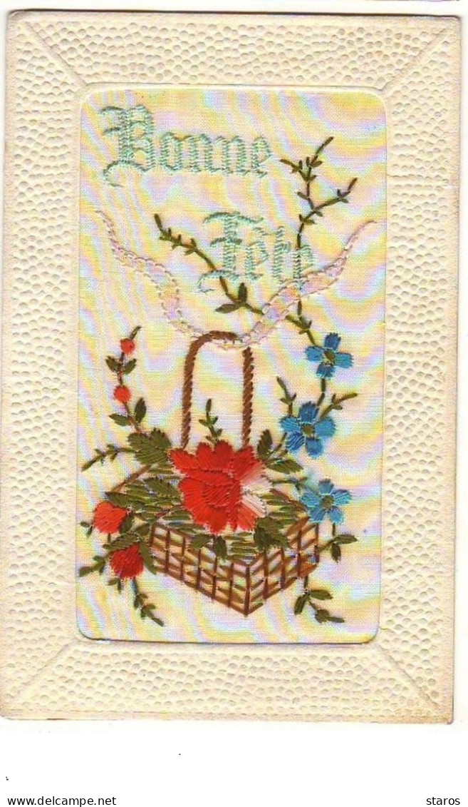 Carte Brodée - Bonne Fête - Panier Rempli De Fleurs - Embroidered