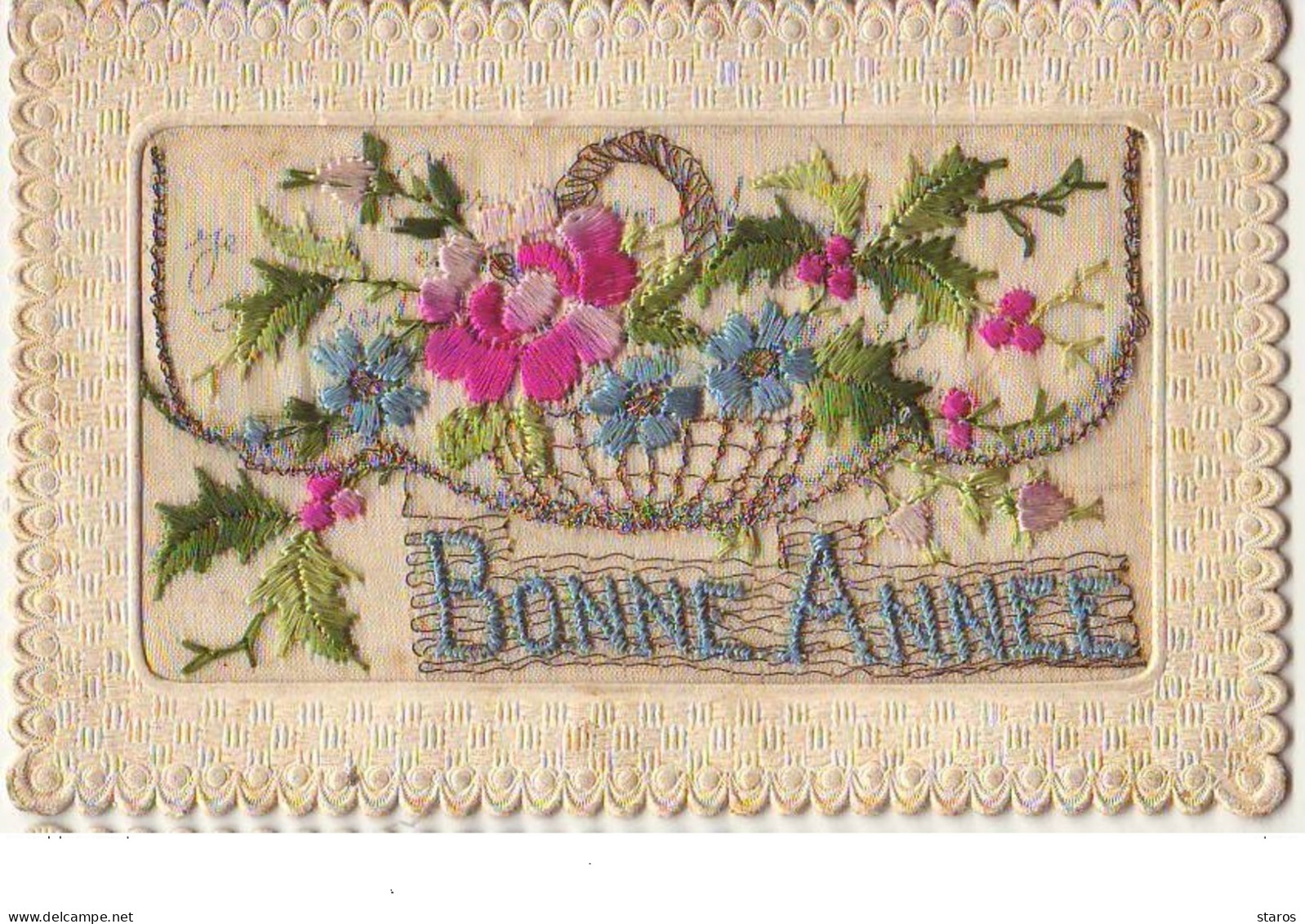 Carte Brodée - Bonne Année - Panier Rempli De Fleurs - Embroidered