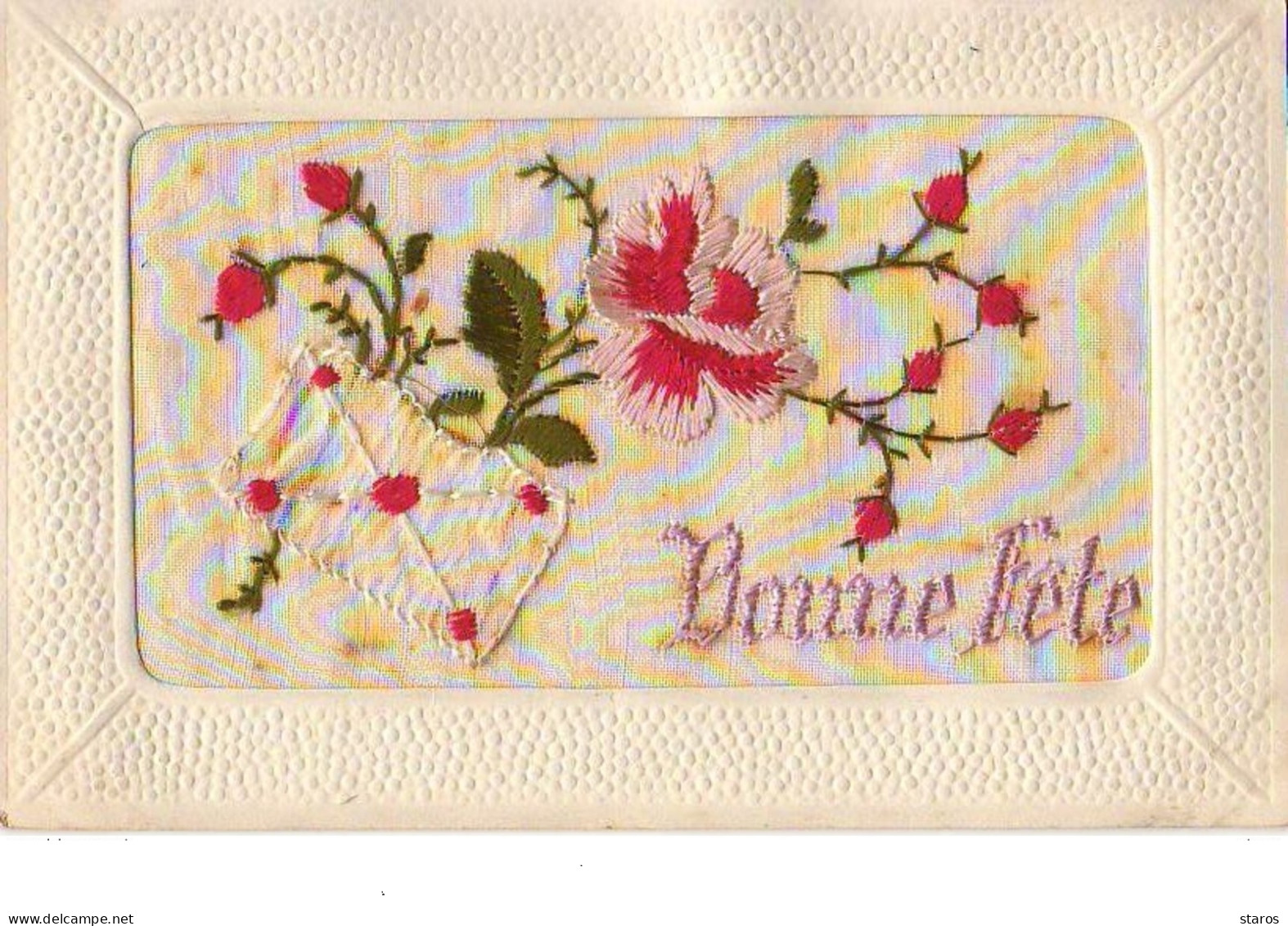 Carte Brodée - Bonne Fête - Fleur - Embroidered