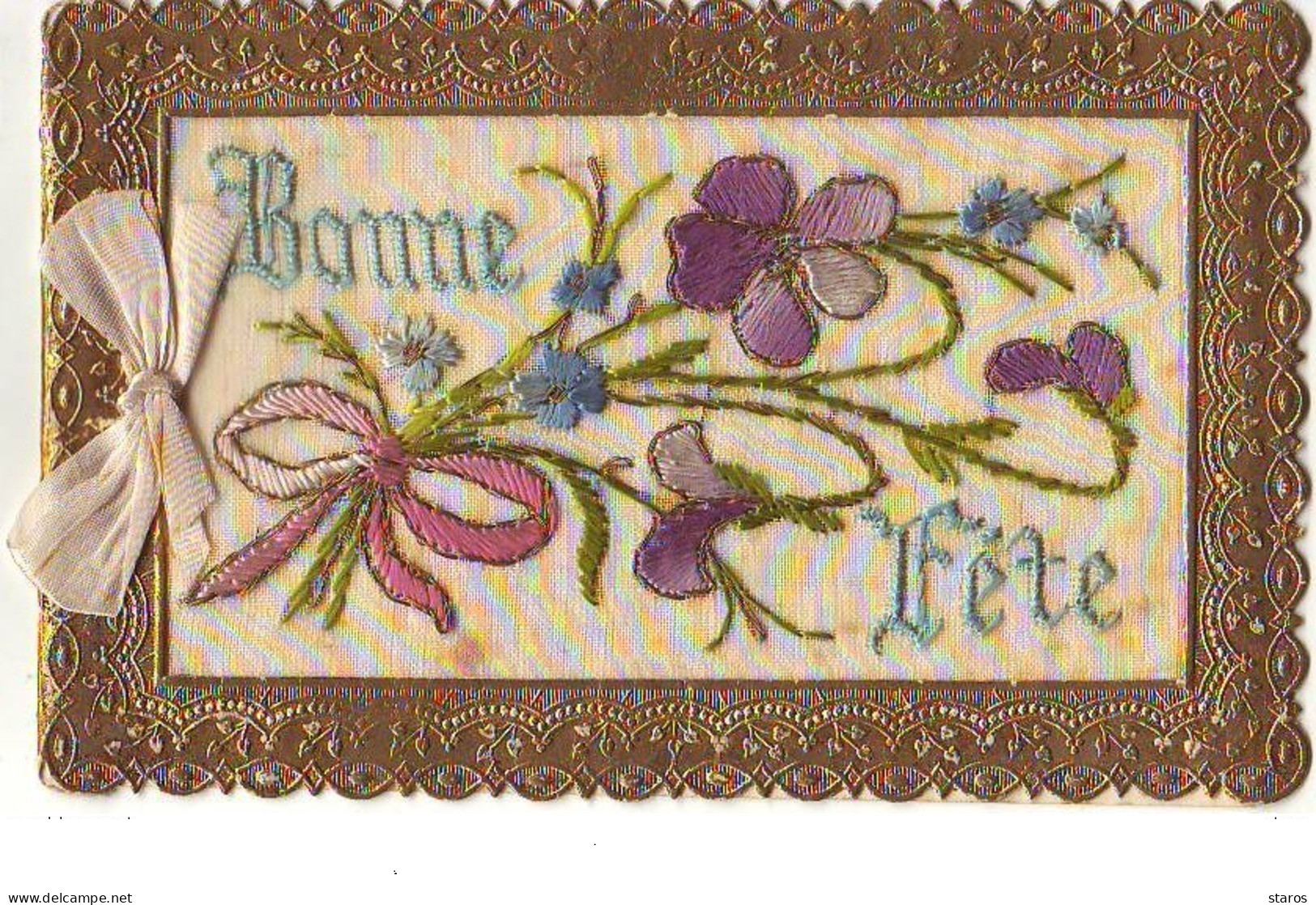 Carte Brodée - Bonne Fête - Fleurs Violettes - Embroidered
