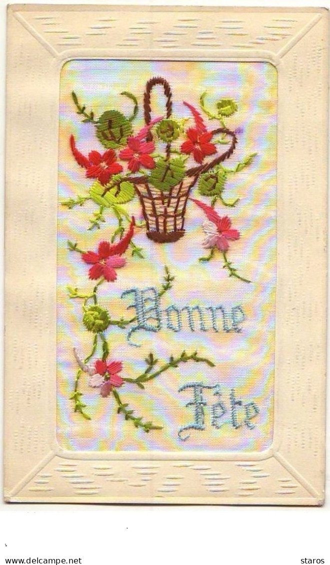 Carte Brodée - Bonne Fête - Panier Rempli De Fleurs - Embroidered