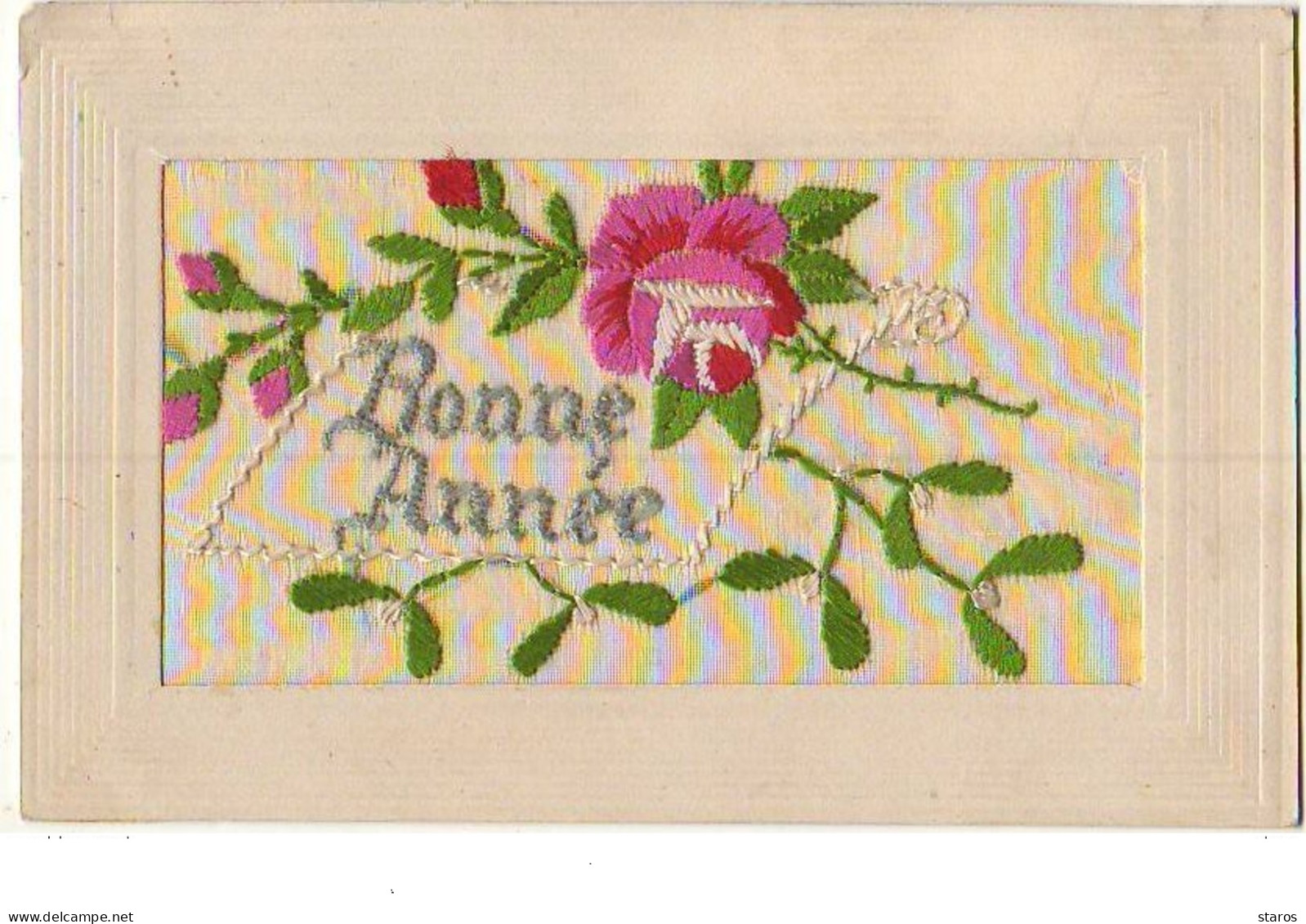 Carte Brodée - Bonne Année - Roses - Embroidered