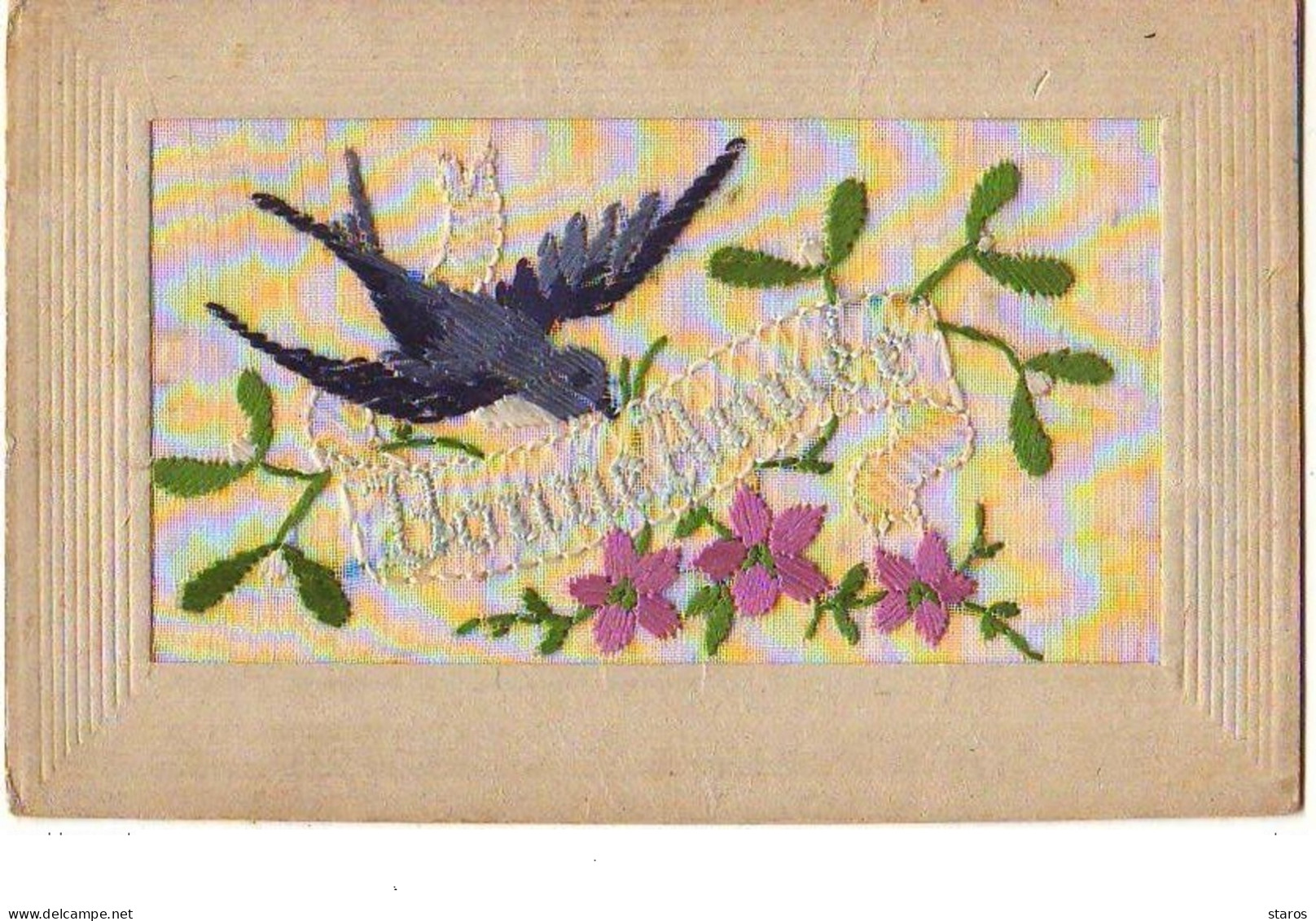 Carte Brodée - Bonne Année - Hirondelle - Embroidered