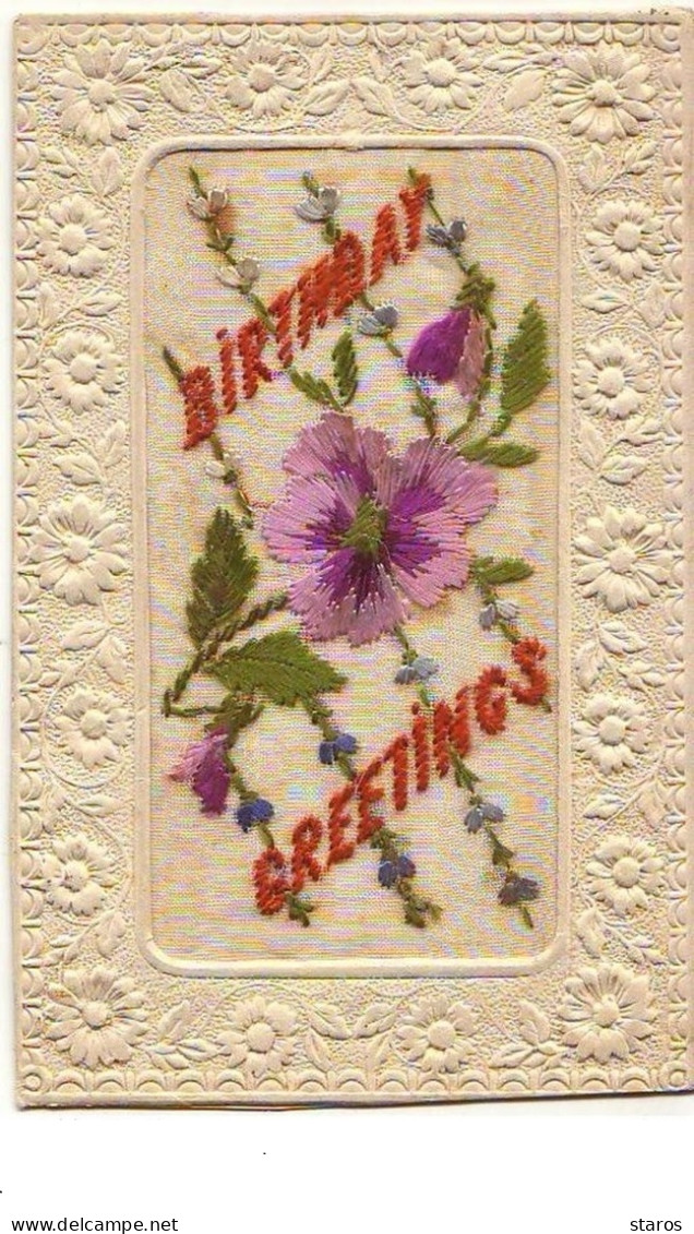 Carte Brodée - Birthday Greetings - Pensée - Embroidered