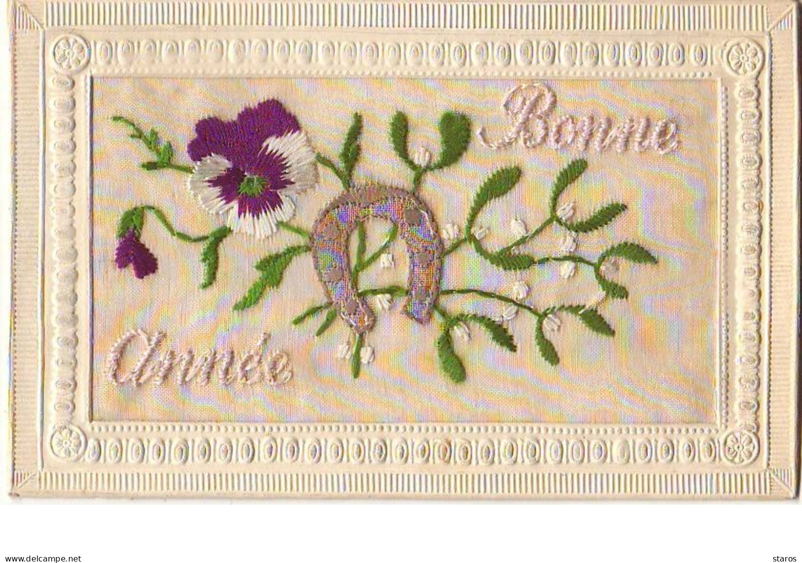 Carte Brodée - Bonne Année - Pensée Et Fer à Cheval - Embroidered