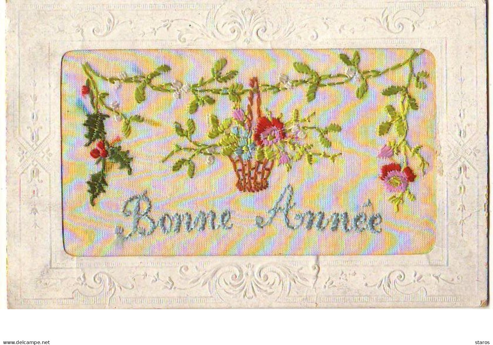 Carte Brodée - Bonne Année - Panier Rempli De Fleurs - Embroidered