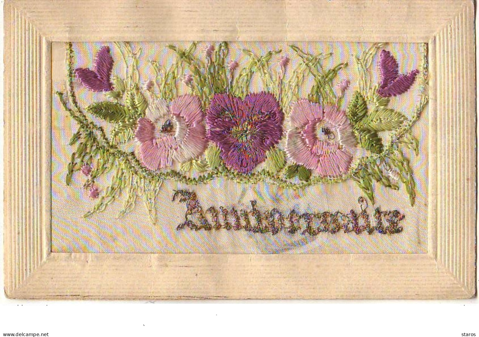 Carte Brodée - Anniversaire - Fleurs Rose Et Parme - Embroidered