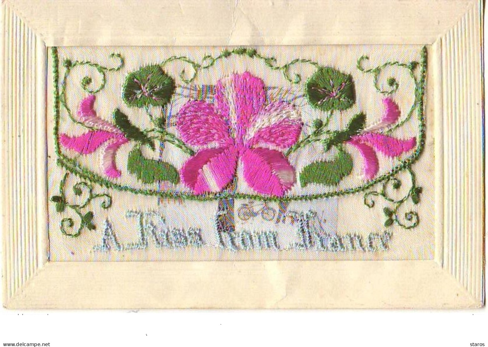 Carte Brodée - A Kiss From France - Fleurs - Embroidered