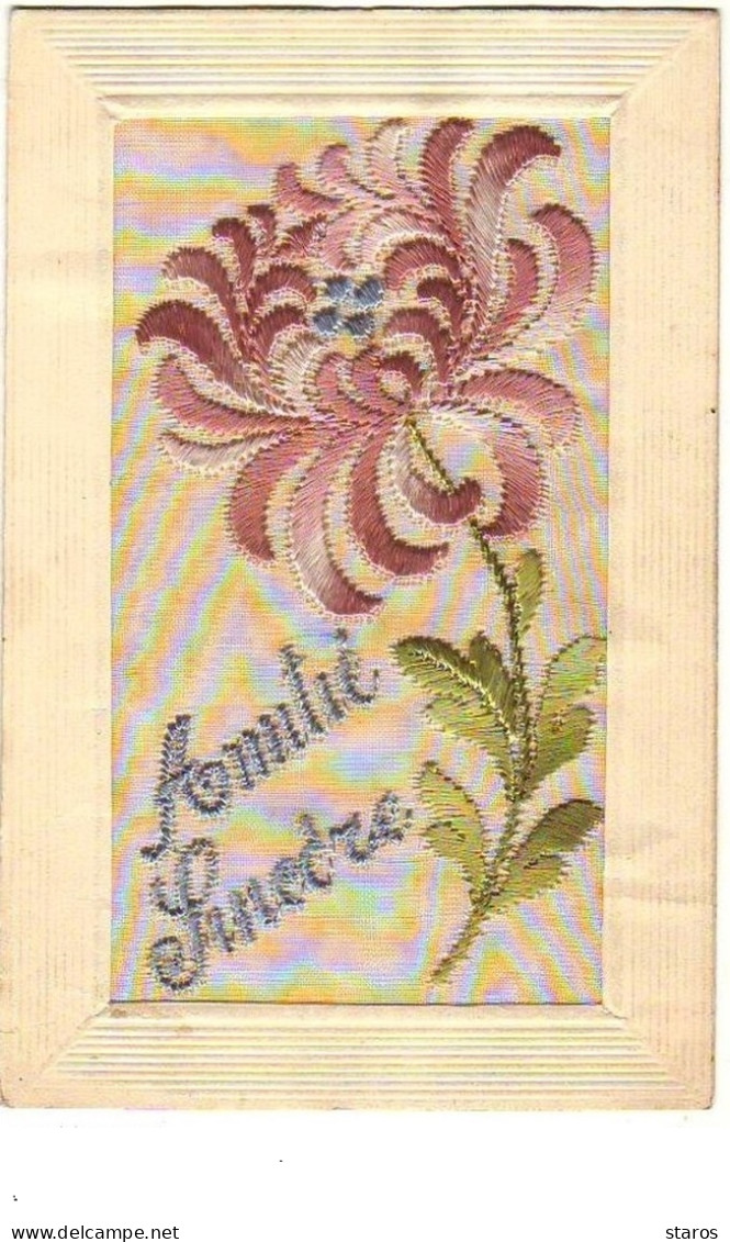 Carte Brodée - Amitié Sincère - Fleur - Embroidered