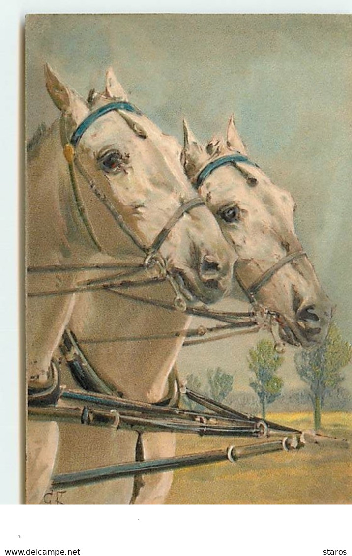 Carte Gaufrée - Deux Têtes De Chevaux Blancs Attelés - Signée GK - Horses