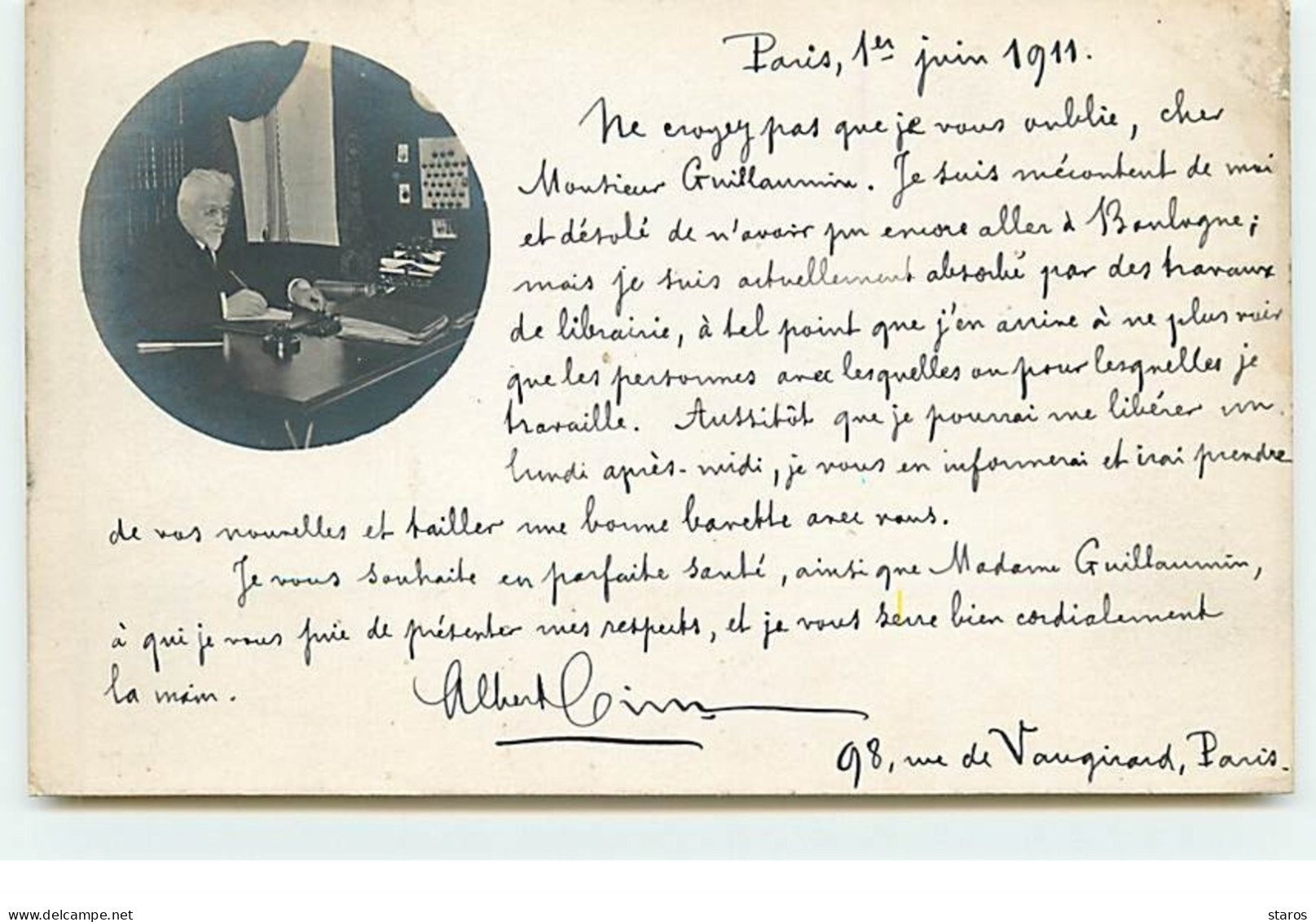 Carte-Photo Autographe - Albert Cim, Romancier Et Critique Littéraire - Correspondance M Guillaumin (le Peintre?) - Ecrivains