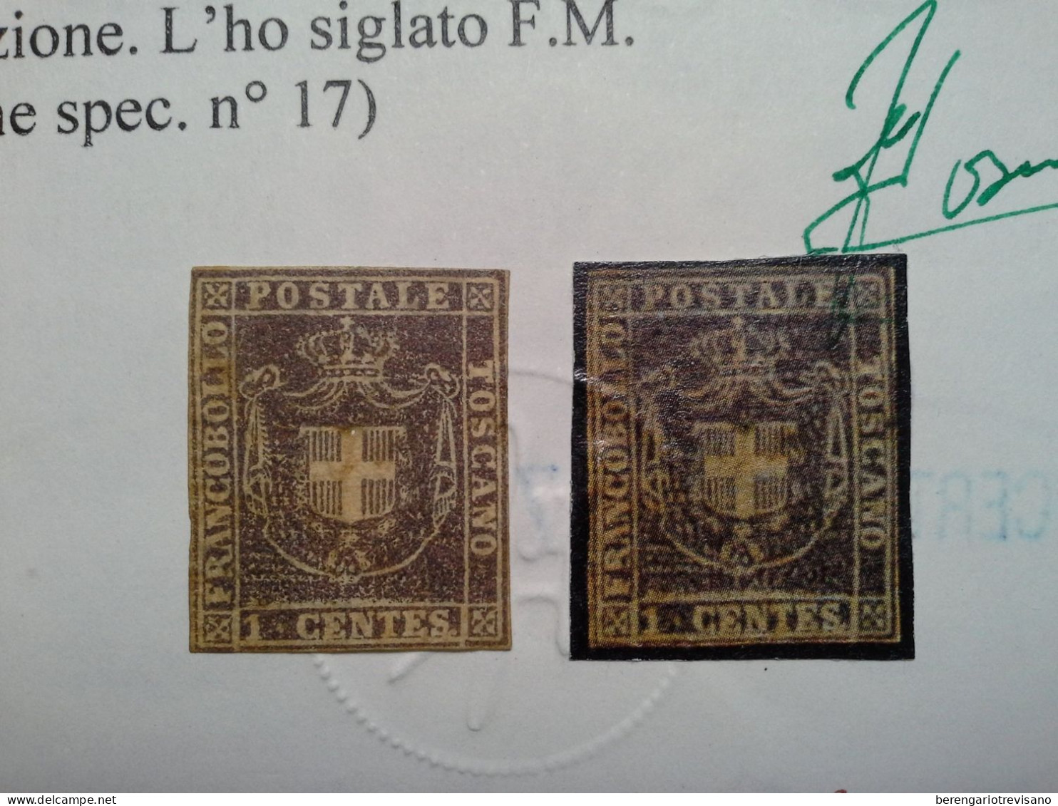 Regno D'Italia 1860 - Toscana 1 Cent. Marrone Violaceo Raro - 2 Certificati - Tuscany