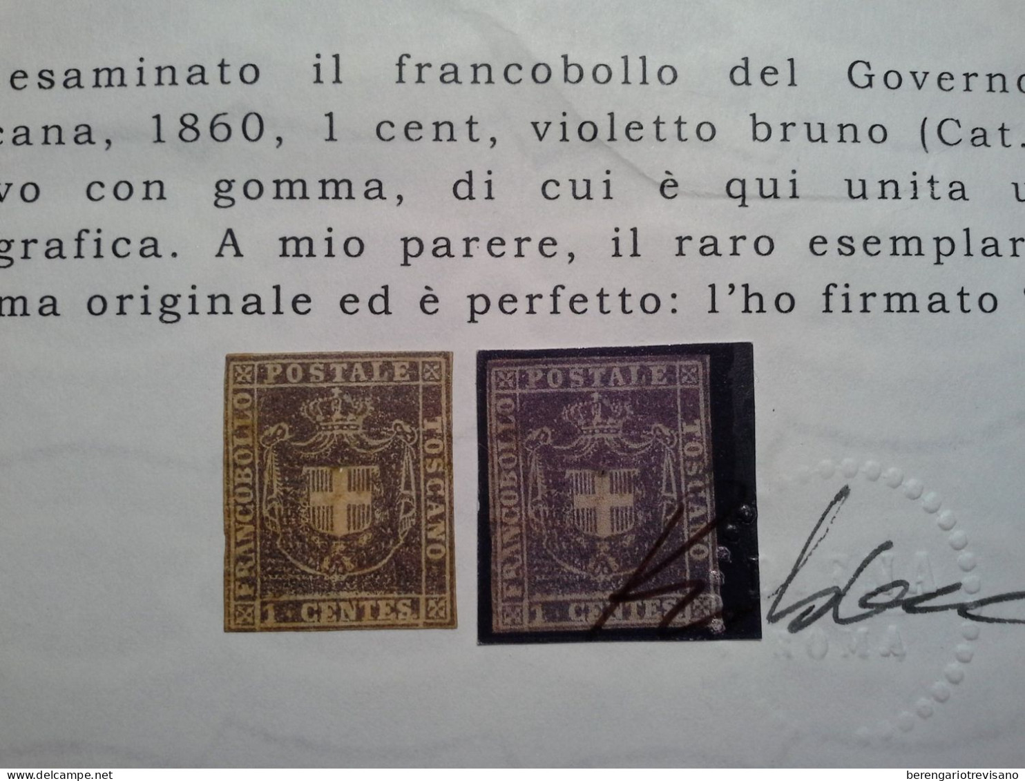 Regno d'Italia 1860 - Toscana 1 cent. marrone violaceo Raro - 2 certificati