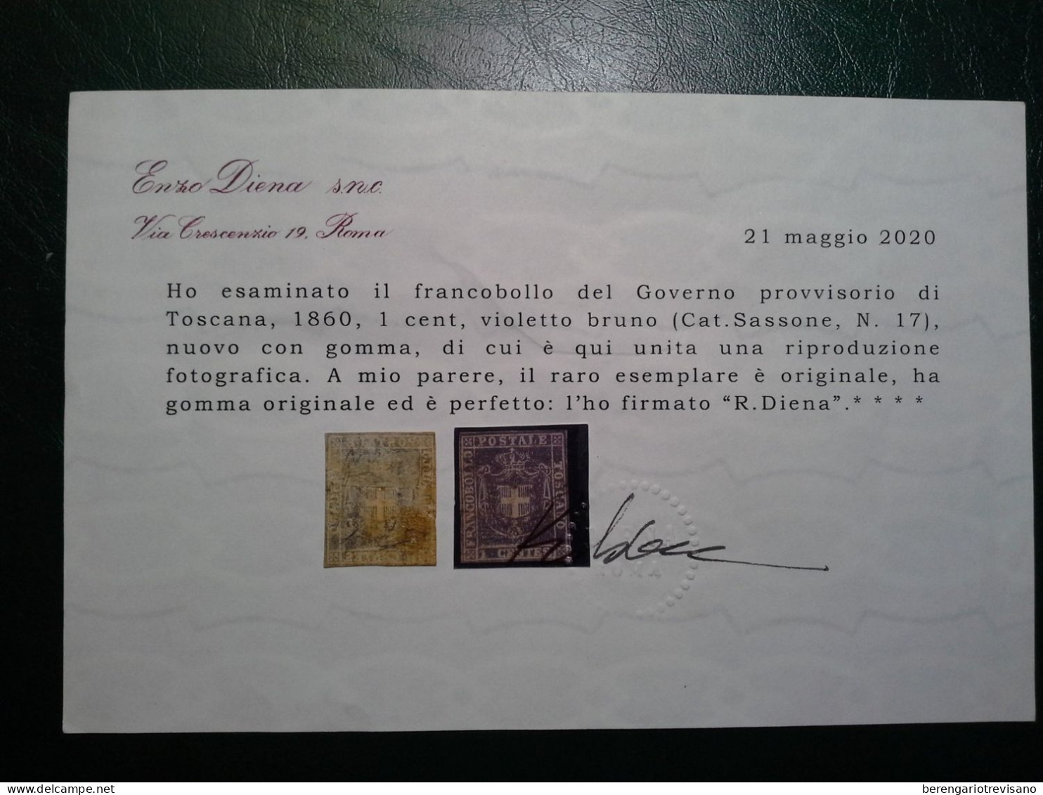 Regno d'Italia 1860 - Toscana 1 cent. marrone violaceo Raro - 2 certificati